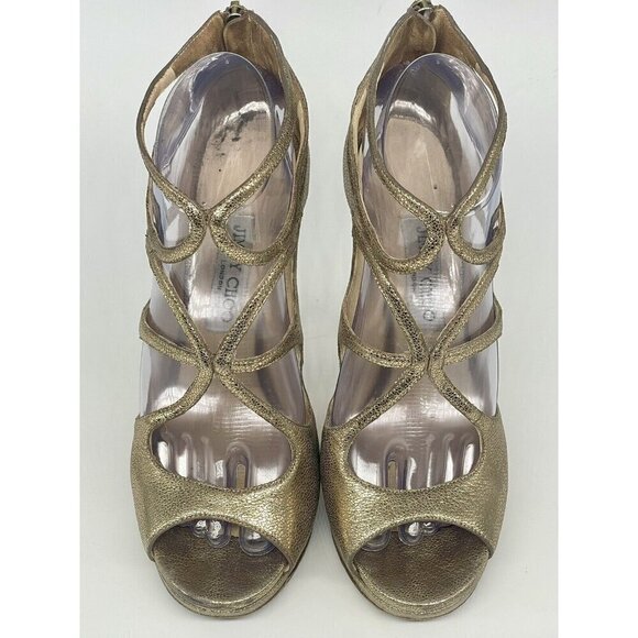 Jimmy Choo Sandals  Gold Strappy Open-Toe Platform Heels Size 39 Wedding Party - Picture 2 of 7
